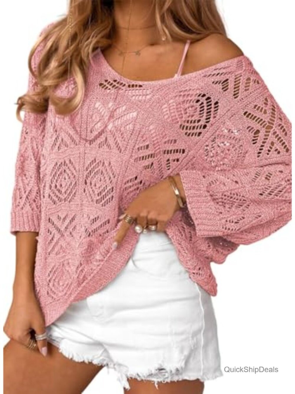 Crochet Hollow Out 3/4 Sleeve Off Shoulder Pullover Sweater Coverup
